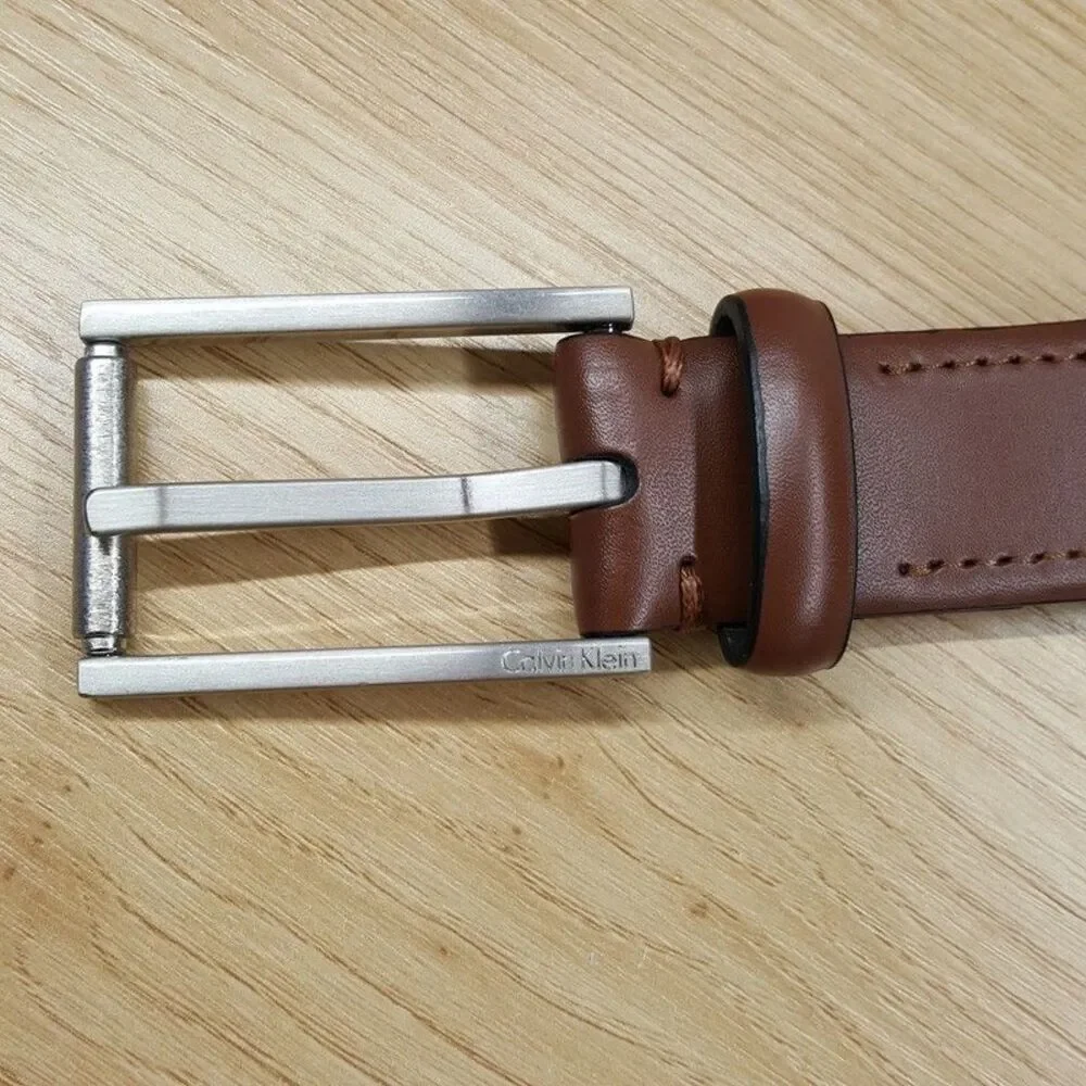 CALVIN KLEIN Belt Mens Size 42 Brown Cognac Genuine Leather Silver Logo Buckle